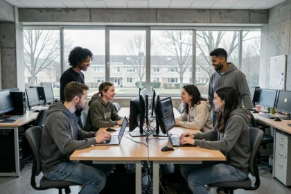 Groupe d'étudiants en informatique travaillant ensemble dans un laboratoire informatique moderne dans le Nord de la France