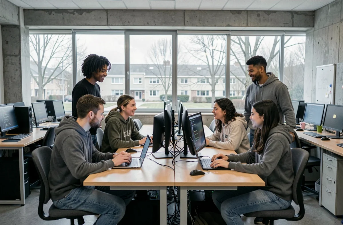 Groupe d'étudiants en informatique travaillant ensemble dans un laboratoire informatique moderne dans le Nord de la France