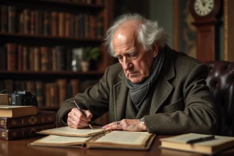 Écrivain âgé en tweed dans une étude vintage