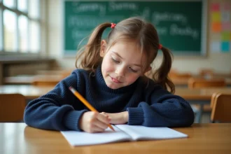 Jeune élève de CE1 écrivant un exercice de ponctuation dans un cahier ligné en classe