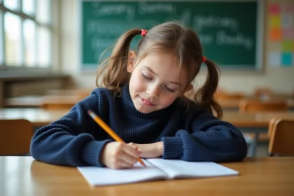 Jeune élève de CE1 écrivant un exercice de ponctuation dans un cahier ligné en classe