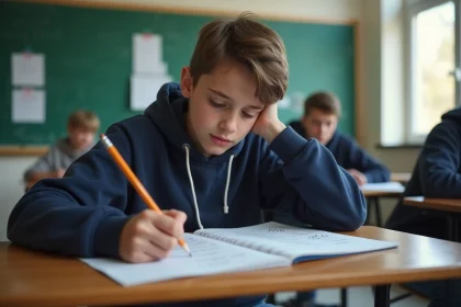 Élève de collège consultant son relevé de notes avec les coefficients du brevet, assis dans une salle de classe française