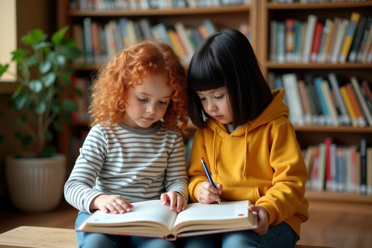 Deux élèves lisant ensemble un livre illustré en bibliothèque scolaire, combinant fluence et compréhension en lecture