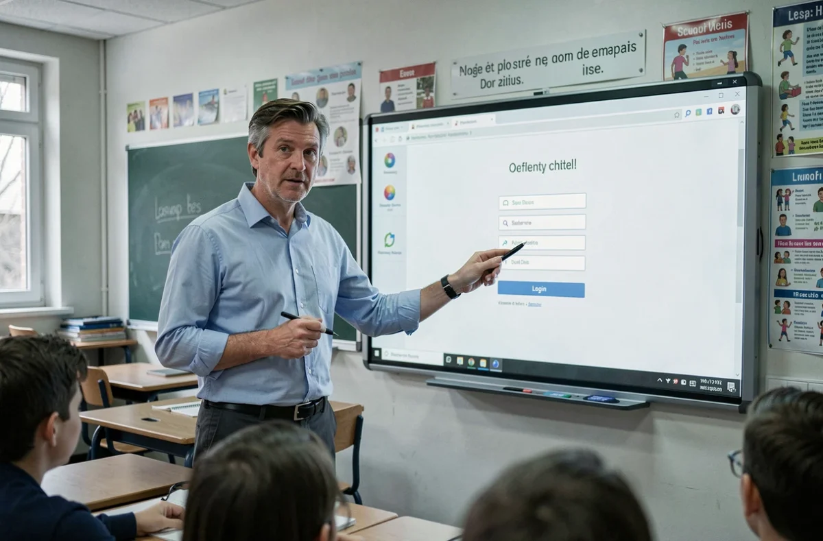Enseignant présentant la connexion à l'ENT Aisne devant un tableau numérique en classe