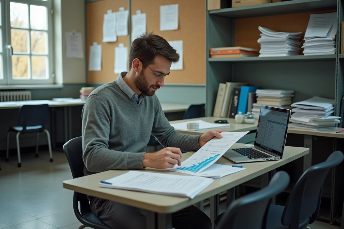 Enseignant consultant sa fiche de paie et un tableau de salaires dans la salle des professeurs d'un coll&egrave;ge REP