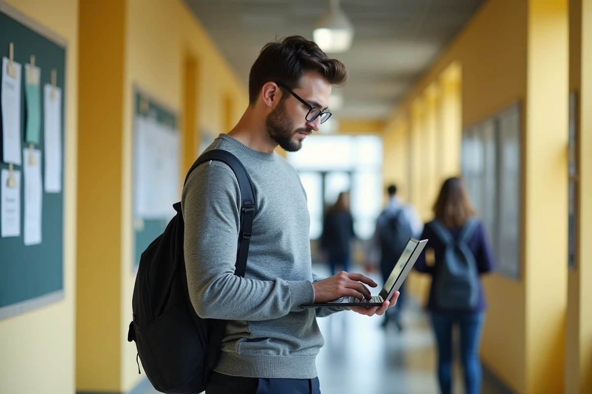 Nouvel enseignant masculin explorant le portail intranet de l'académie sur un laptop dans un couloir scolaire