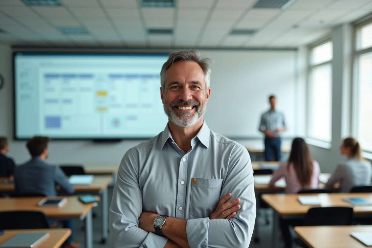 Enseignant organisant ses cours et devoirs sur un tableau numérique interactif dans une salle de classe connectée