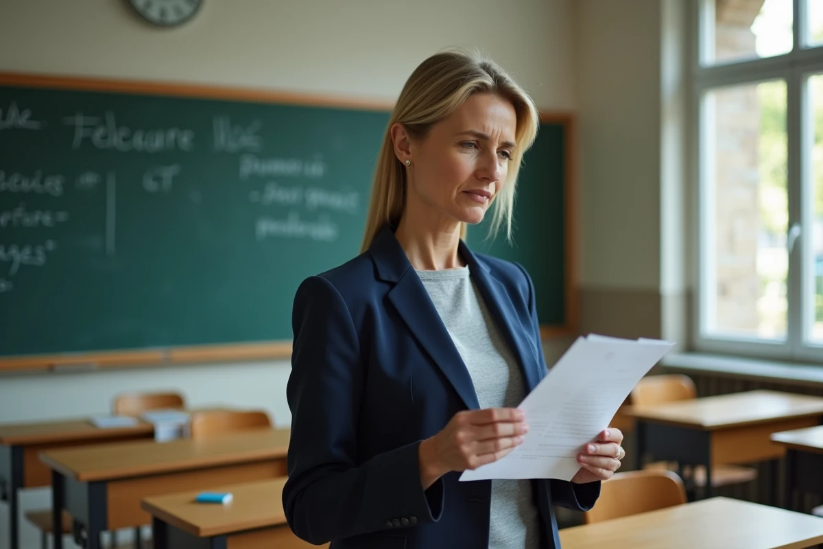 Enseignante dans une salle de classe vide examinant des documents liés au Pacte enseignant 2026