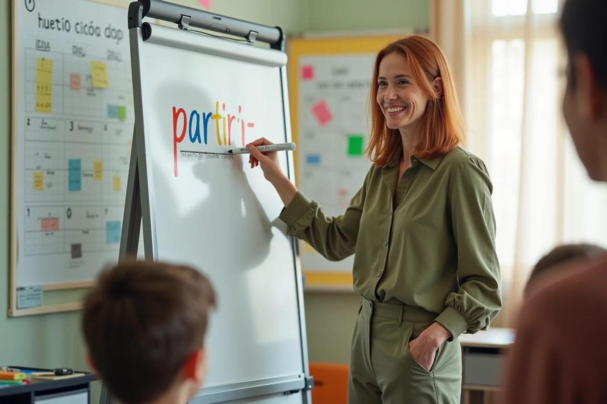 Enseignante écrivant la conjugaison du verbe partir au présent au tableau devant des élèves