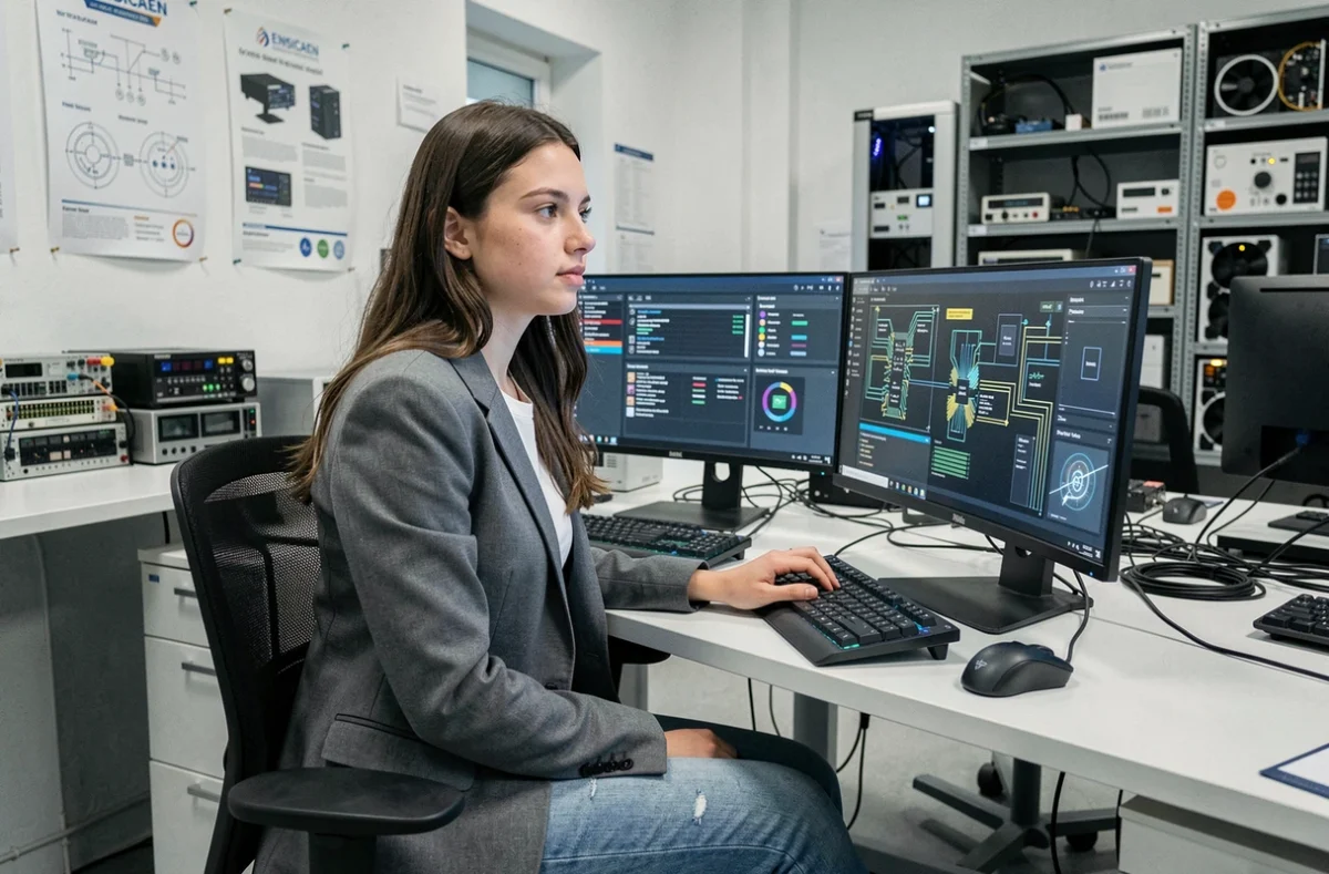 Étudiante travaillant sur des écrans de cybersécurité dans un laboratoire informatique de l'ENSICAEN