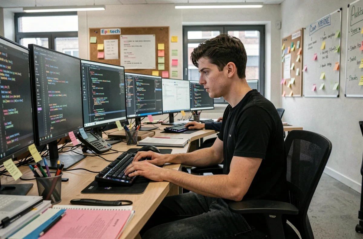 Étudiant d'Epitech Lille en pleine session de coding dans un espace de travail collaboratif par la pratique