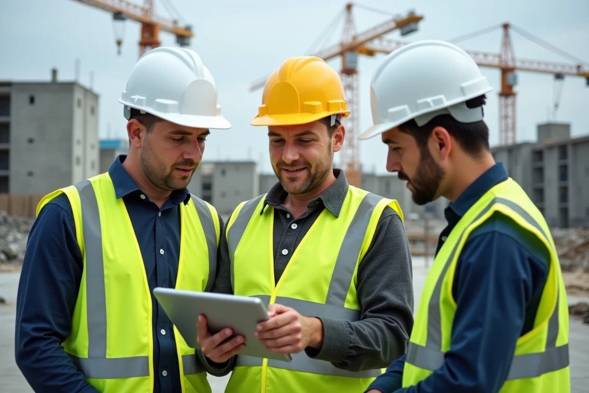 Groupe d'ouvriers BTP consultant un portail de certification professionnelle sur tablette sur un chantier