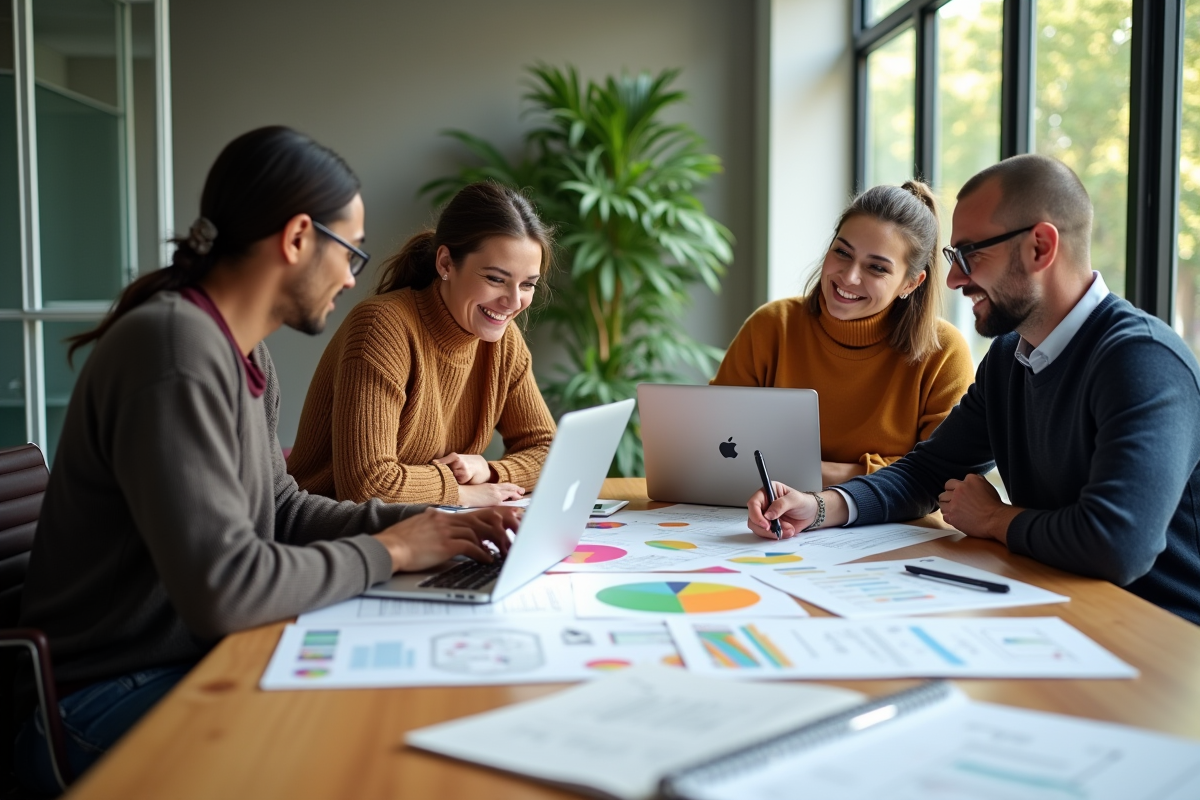 Groupe de quatre personnes en réunion de travail