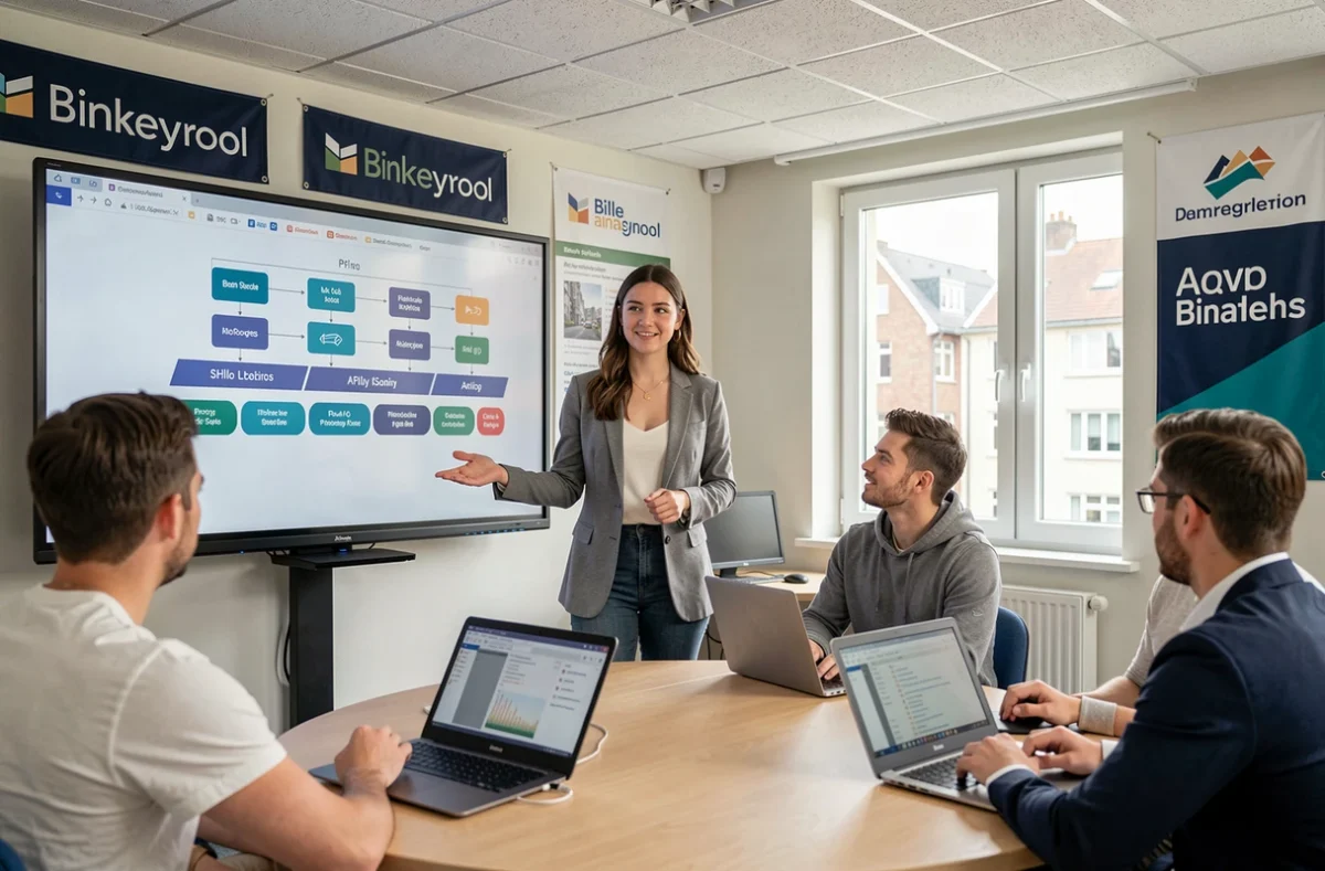 Étudiante de l'ESGI Lille présentant une architecture logicielle devant ses pairs dans une salle de cours moderne