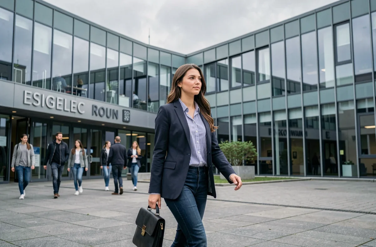 Étudiante traversant la cour du campus moderne de l'ESIGELEC à Rouen