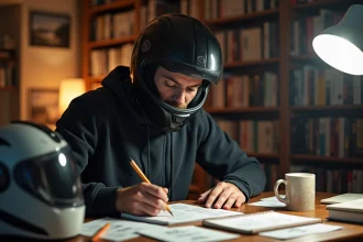 Jeune homme étudiant le code de la route moto avec des fiches thématiques étalées sur un bureau en bois à domicile