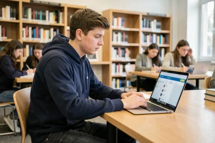 Étudiant masculin consultant le portail numérique ENT de l'UPHF sur son ordinateur portable dans une bibliothèque universitaire moderne