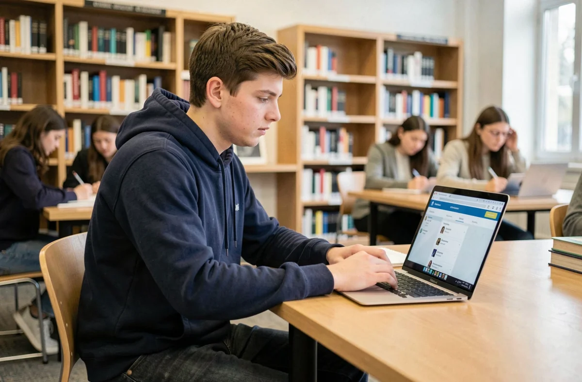 Étudiant masculin consultant le portail numérique ENT de l'UPHF sur son ordinateur portable dans une bibliothèque universitaire moderne