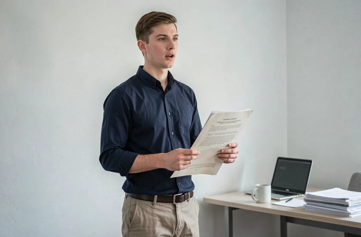 Étudiant s'entraînant à l'oral chez lui en répétant à partir de documents imprimés