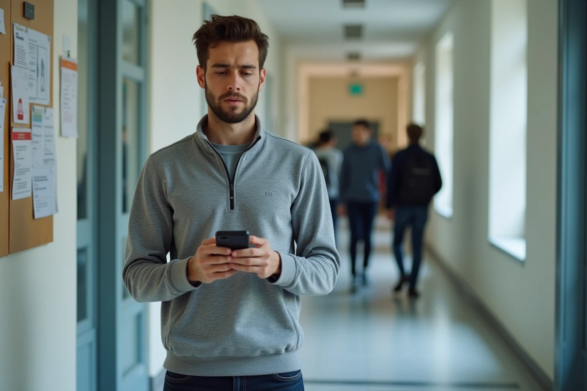 Étudiant consultant son téléphone avec un message d'erreur sur Econdidat dans un couloir de l'université Paris 8