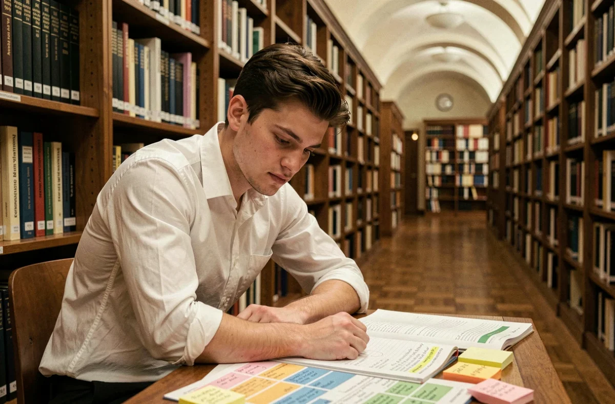 Étudiant en prépa PT ou PSI seul en bibliothèque, révisant des fiches de thermodynamique et des livres de référence scientifiques