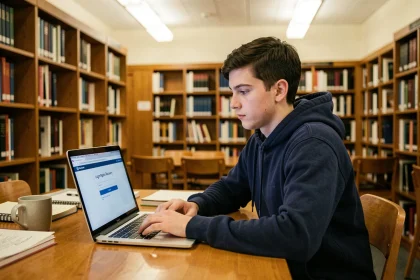 Étudiant récupérant son identifiant ENT sur un ordinateur portable à la bibliothèque universitaire