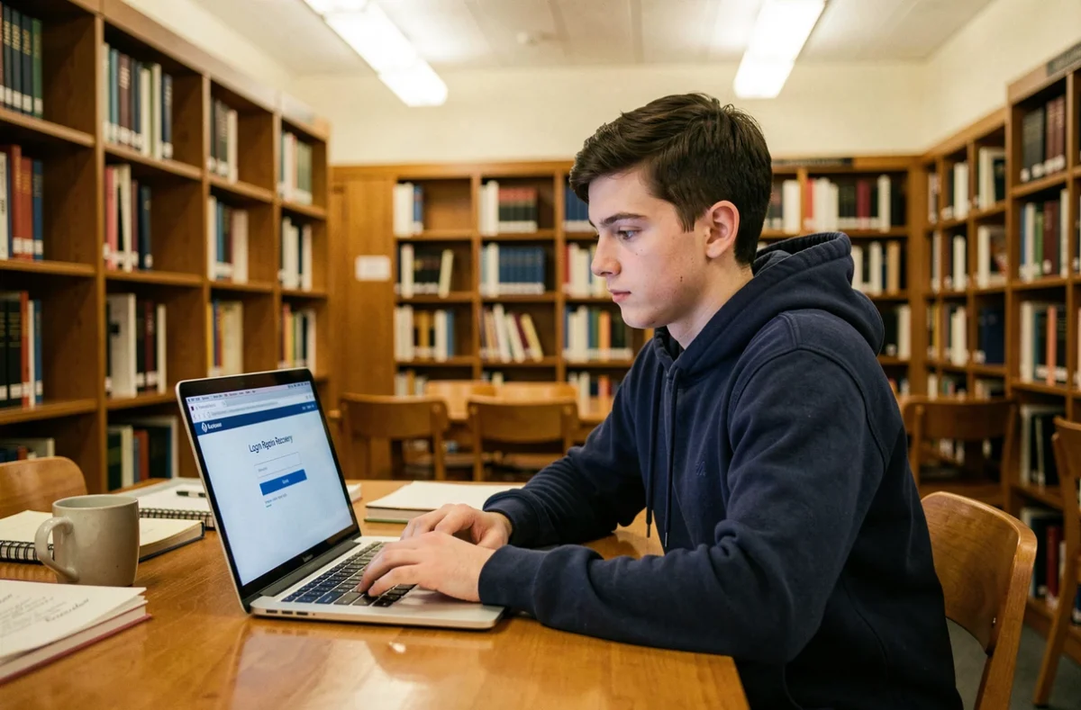 Étudiant récupérant son identifiant ENT sur un ordinateur portable à la bibliothèque universitaire