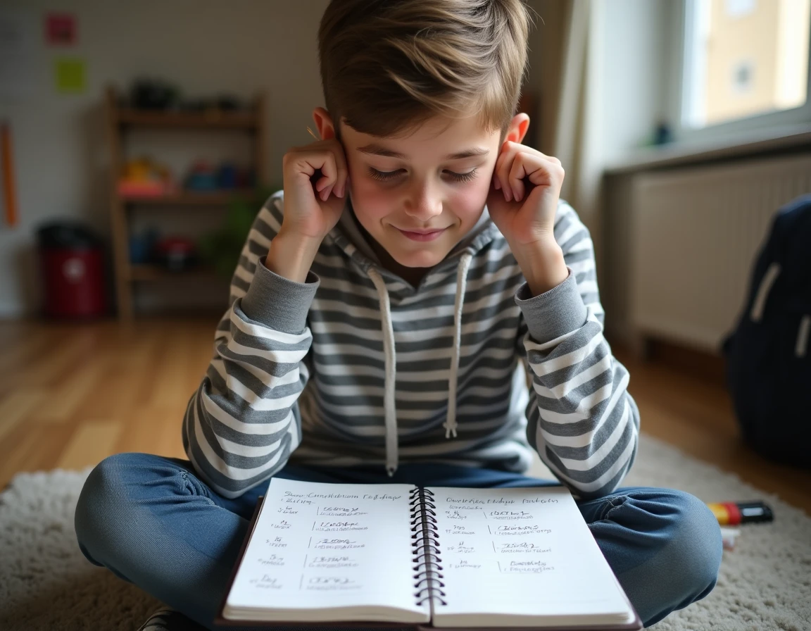 Adolescent révisant la conjugaison des verbes du 2ème groupe dans un cahier de grammaire sur le sol de sa chambre