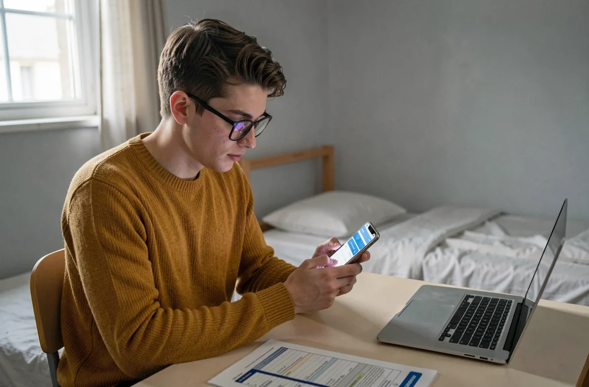 Étudiant utilisant son smartphone pour récupérer son identifiant de connexion à l'ENT depuis sa chambre universitaire