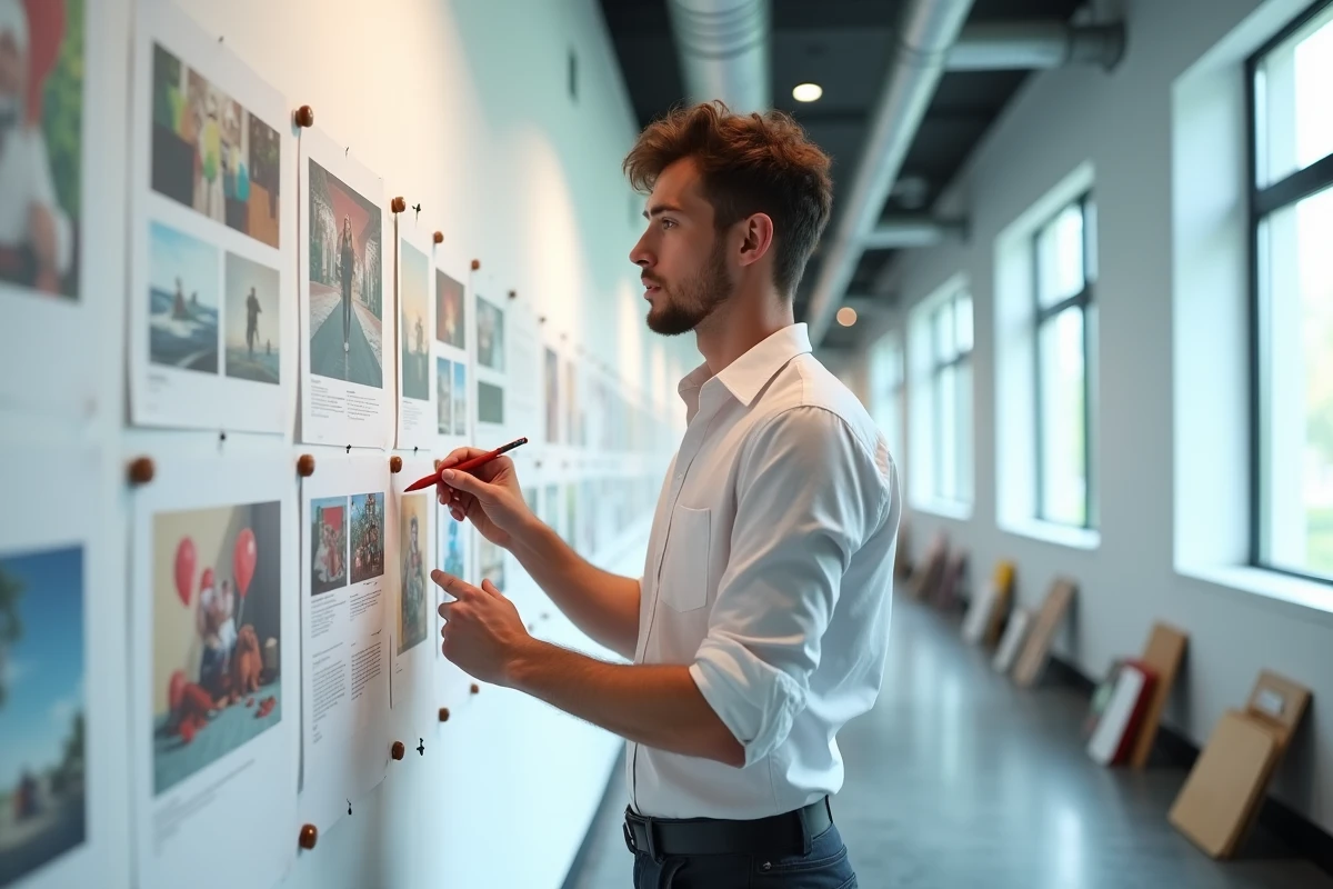 Jeune homme analysant ses planches de storyboard dans une salle de critique d'une école d'art de type Gobelins