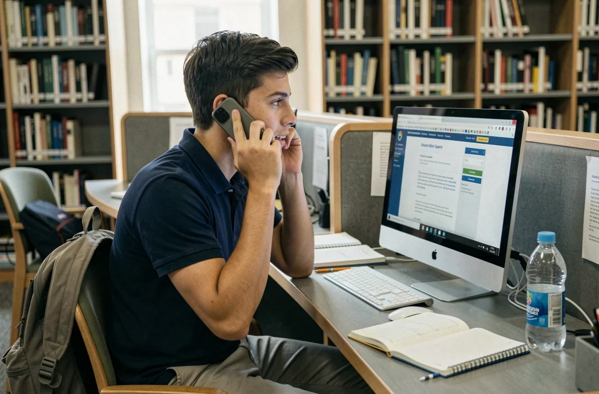 Étudiant contactant le support technique ENT ec Lille par téléphone depuis une bibliothèque universitaire