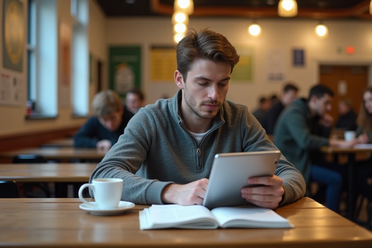 Étudiant planifiant des activités d'associations sur une tablette dans un espace vie étudiante avec cahier de notes