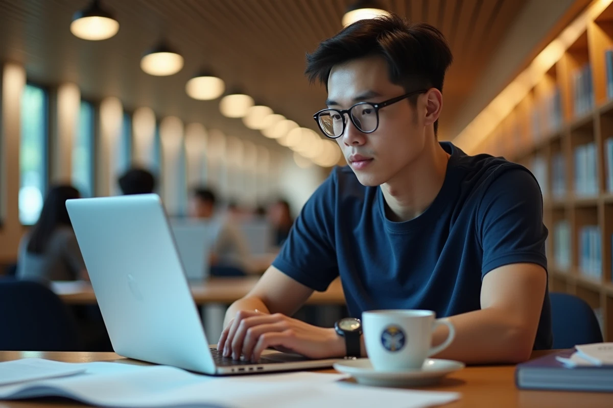 Étudiant consultant un tableau de calcul de moyennes sur son ordinateur portable à la bibliothèque universitaire