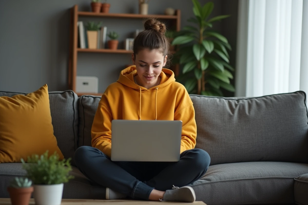 Étudiant assis sur un canapé passant anonymement un test de QI gratuit sur son ordinateur portable