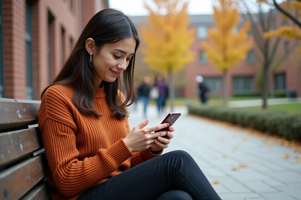 Étudiante utilisant l'application e-Service UHA sur smartphone dans une cour de campus universitaire en automne