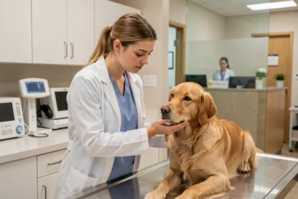 Étudiante ASV en alternance examinant un chien dans une clinique vétérinaire moderne