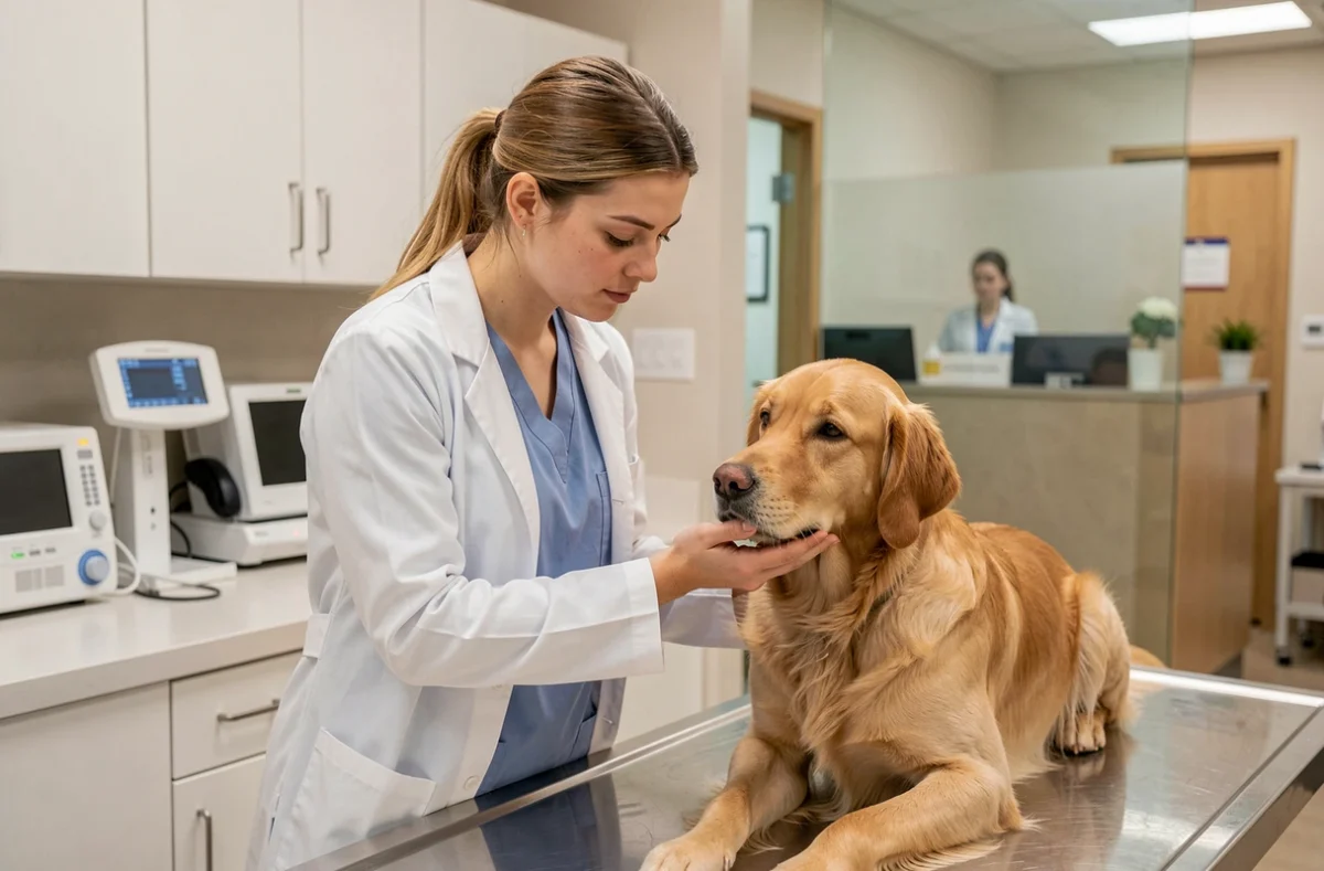 Étudiante ASV en alternance examinant un chien dans une clinique vétérinaire moderne