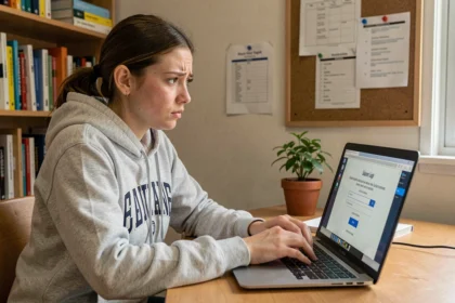 Étudiante bloquée sur la page de connexion ENT ec Lille sur son ordinateur portable dans sa chambre universitaire