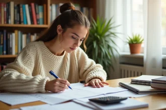 Étudiante calculant ses moyennes de partiels à son bureau avec une calculatrice et des notes manuscrites