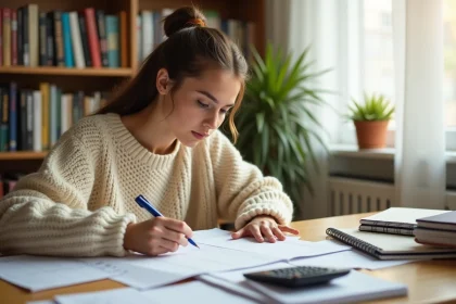 Étudiante calculant ses moyennes de partiels à son bureau avec une calculatrice et des notes manuscrites