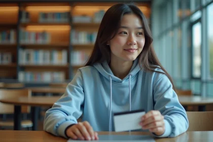 Étudiante consultant sa carte étudiante UHA devant un ordinateur portable dans une bibliothèque universitaire moderne