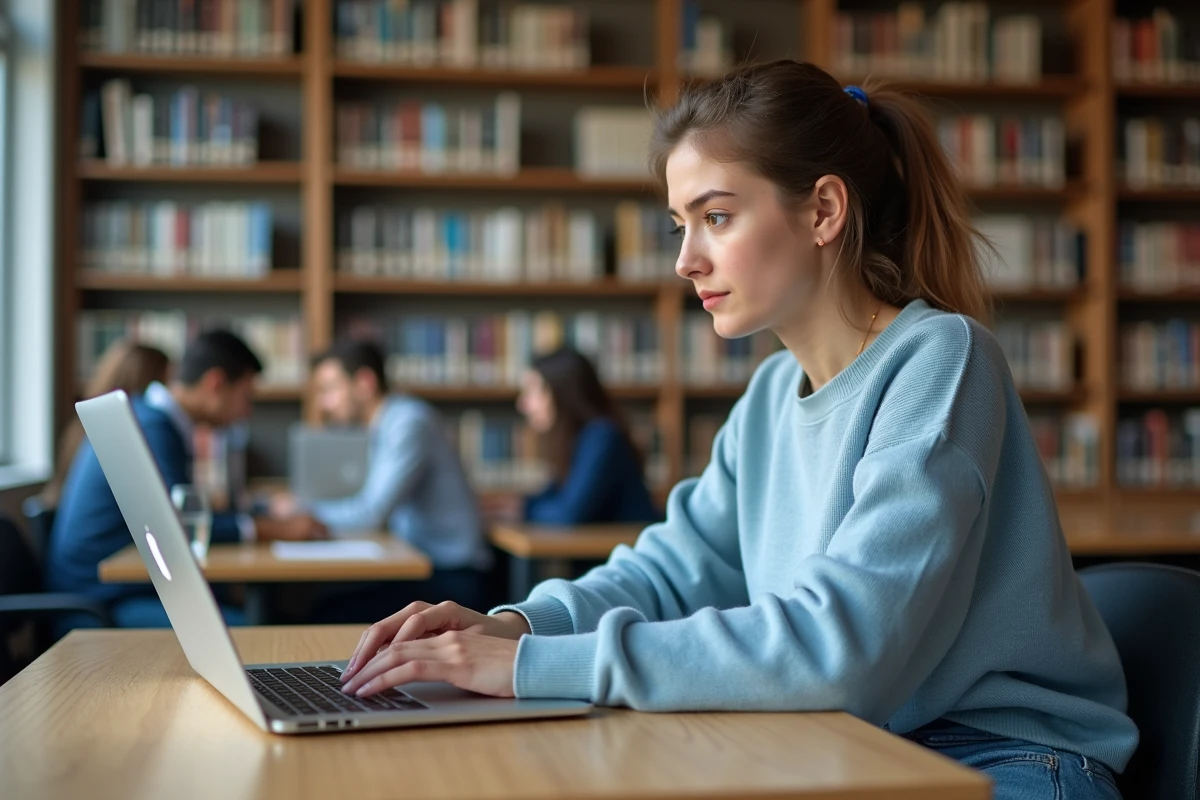 Étudiante connectée au portail PIA Académie Orléans Tours sur un ordinateur portable en bibliothèque universitaire