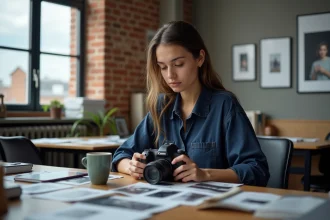 Étudiante en école de photographie à Toulouse réglant son appareil photo reflex dans une salle de cours créative