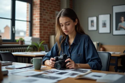 Étudiante en école de photographie à Toulouse réglant son appareil photo reflex dans une salle de cours créative