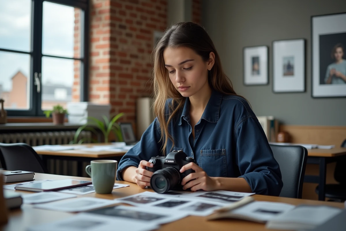 Étudiante en école de photographie à Toulouse réglant son appareil photo reflex dans une salle de cours créative