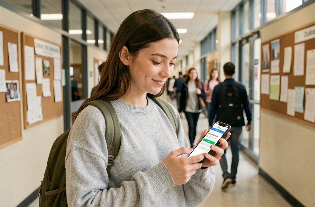 Étudiante utilisant son smartphone pour accéder à l'ENT de l'UPHF dans un couloir du campus universitaire