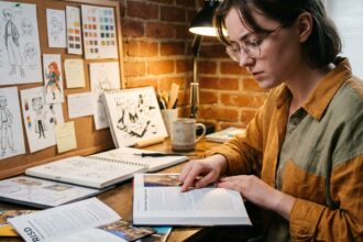 Jeune femme étudiante en illustration consultant des brochures d'écoles d'art sur un bureau rempli de sketchbooks et de portfolios