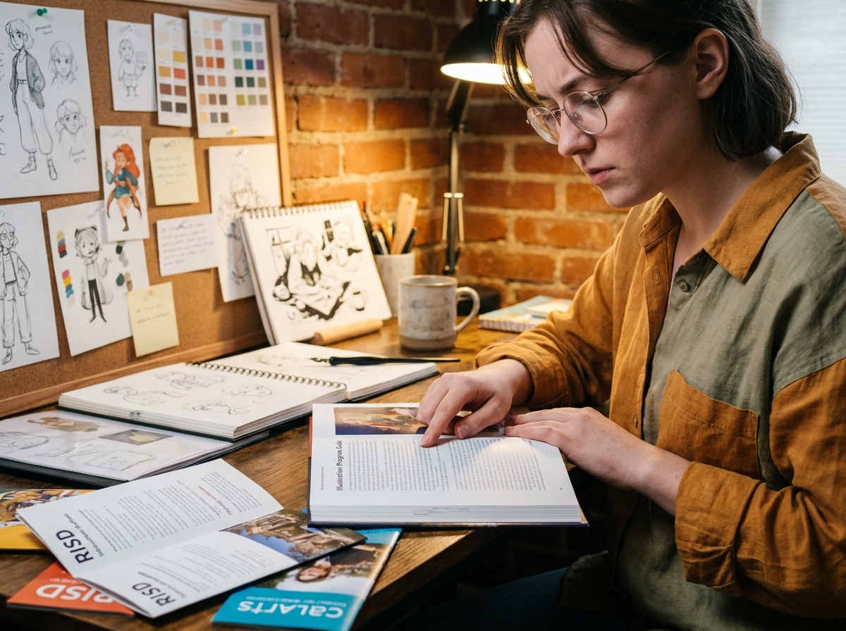 Jeune femme étudiante en illustration consultant des brochures d'écoles d'art sur un bureau rempli de sketchbooks et de portfolios