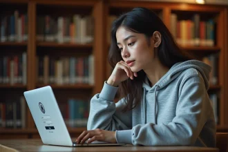 Étudiante connectée au portail Arena Versailles sur son ordinateur portable dans une bibliothèque universitaire