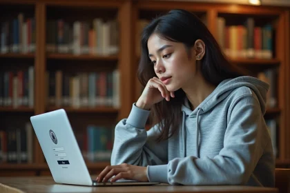 Étudiante connectée au portail Arena Versailles sur son ordinateur portable dans une bibliothèque universitaire